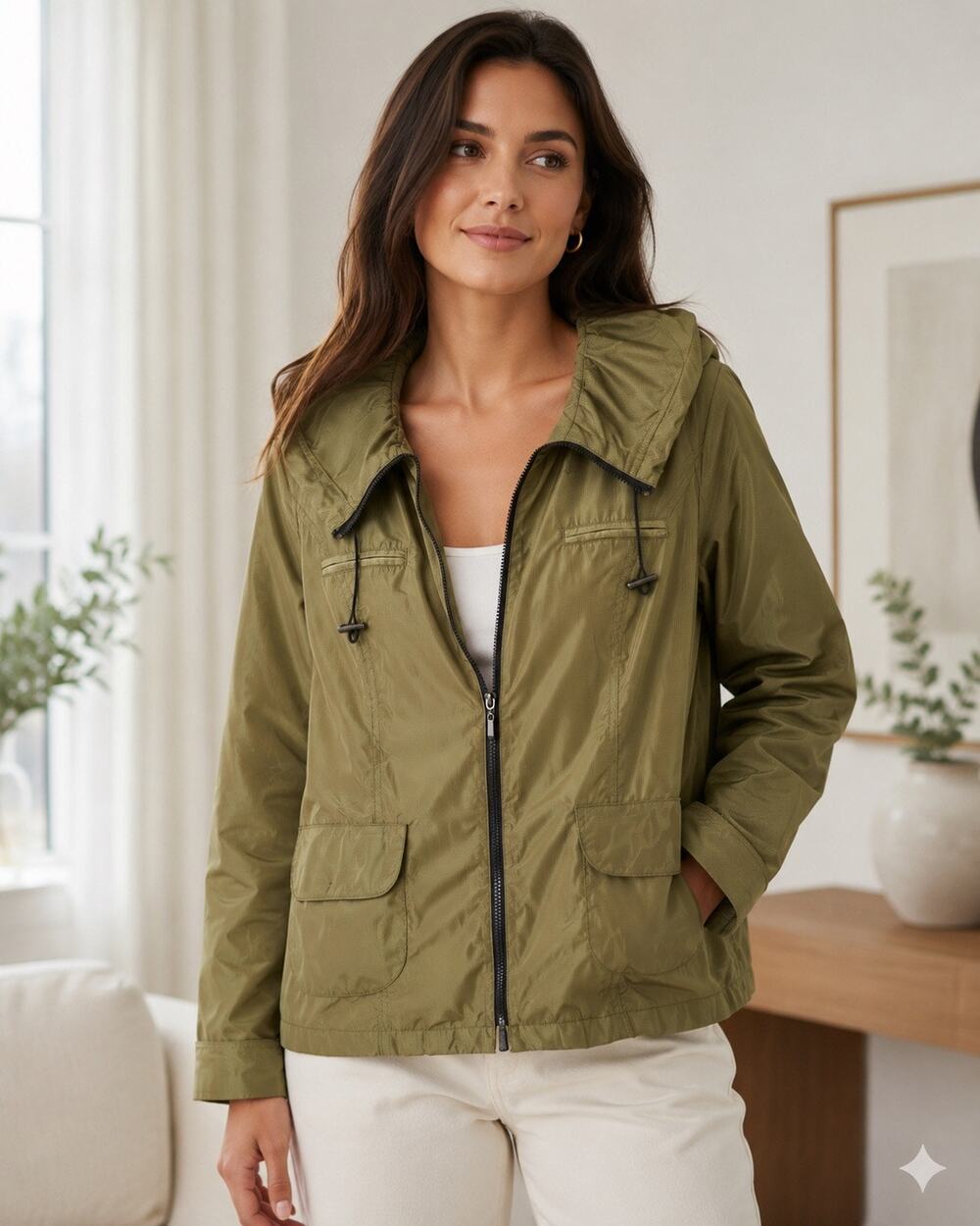 Claudia Ev Olive Green Hooded Lightweight Utility Jacket Women’s Large L